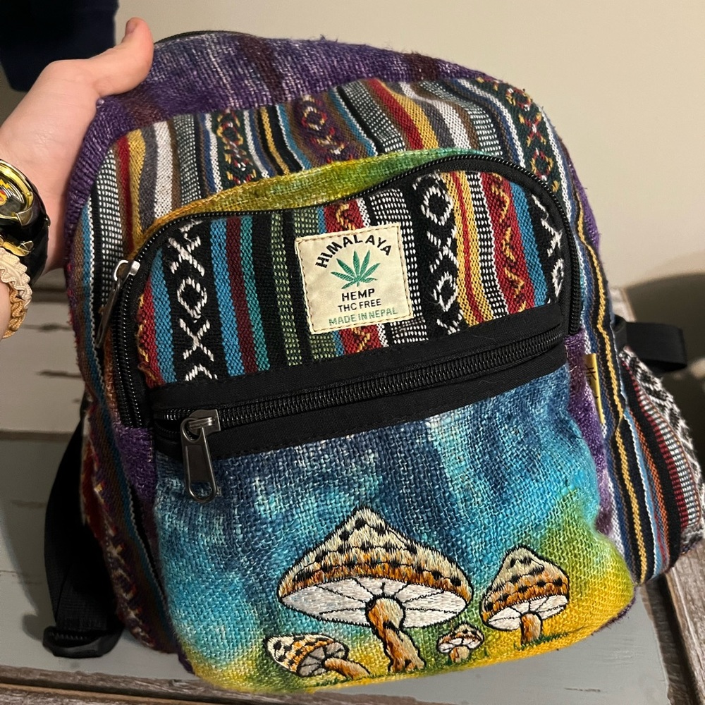 Hemp Tribal Pattern Hemp Backpack with Mushroom embroidery
